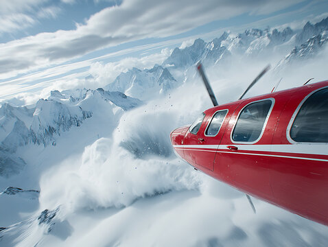 Red Plane Flying Snowy Mountains. - Powered by Adobe