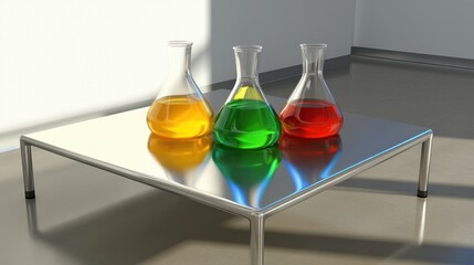 Chemistry glassware filled with brightly colored liquids on a stainless steel lab table