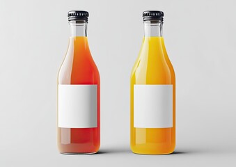 Two glass bottles filled with orange and reddish-orange liquids, featuring blank white labels