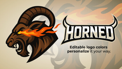 Fiery Horned Ibex Logo – Flaming Goat Head Mascot for Esports and Sports Branding
