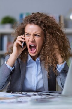 An irate businesswoman yells into the phone while expressing intense anger in the office.