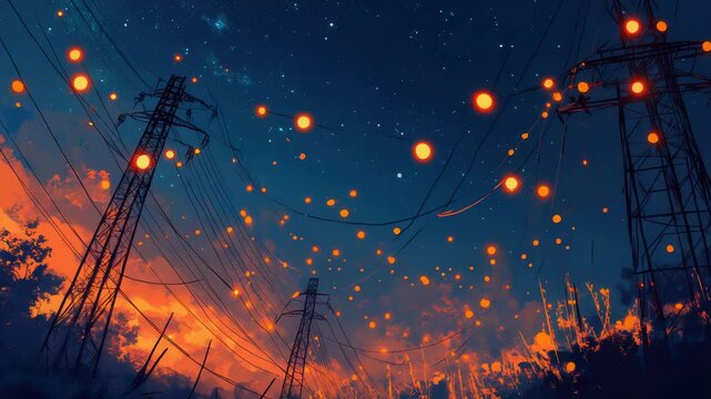 Electricity transmission towers with orange glowing wires the starry night sky. Energy infrastructure concept, energy, electricity, voltage, supply, pylon, technology