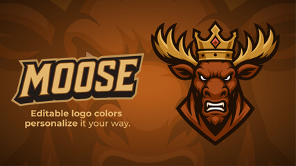 Royal Moose Logo – Fierce Moose Head with Crown Mascot Vector for Esports and Sports Team Branding
