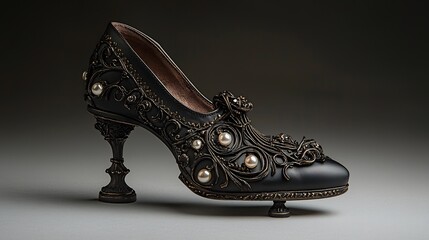Ornate black high-heeled shoe with elaborate decorative accents