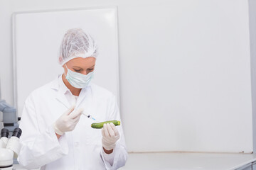 Cucumber is being injected with clear liquid on sterile lab bench, near microscope and whiteboard