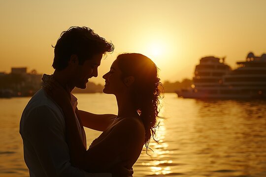 Sunset Romance: A Silhouetted Couple Embraces by the Lake at Golden Hour