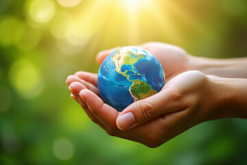 crystal earth in hands. green planet on hand. save of earth. environment concept for background web or world guardian organization.