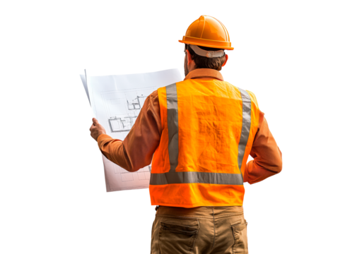 Construction worker reviews blueprints at a building site isolated on transparent background