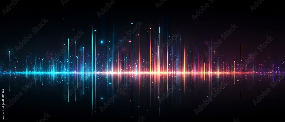 Poster abstract data visualization with luminous vertical lines and reflections