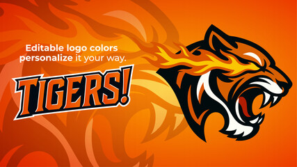 Fiery Tiger Mascot Logo with Flames – Aggressive Side View Vector Design for Sports and Esports Teams  © Giu Studios