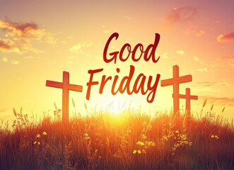 Beautiful sunset background with wooden crosses and text Good Friday symbolizing hope, faith, and spirituality in an outdoor setting