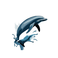 Vector illustration of a blue dolphin jumping out of water with a splash, dynamic marine wildlife art for themes of nature, ocean life, and freedom