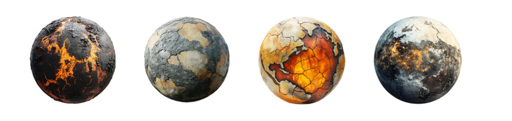Set of different representations of a planet's surface isolated on transparent background