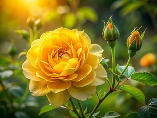 English Country Garden: Close-up of Vibrant Yellow Rose Bush in Bloom