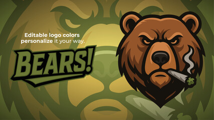 Weed Smoking Bear Mascot Logo with Cigar Joint and Shamrock &ndash; Vector Design for Esports and Urban Brands
