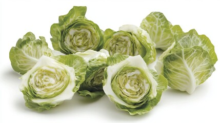 Fototapeta premium A pile of halved baby gem lettuce heads with green outer leaves on a plain white surface studio shot