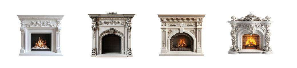 Obraz premium Set of Ornate fireplace designs in various styles. isolated on transparent background