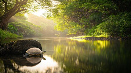 Peaceful Scene of Turtle Resting Under Leafy Canopy by Slow River