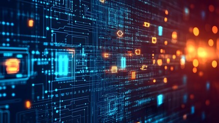 Complex digital circuit board illustration.