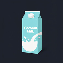 Light blue coconut milk carton packaging with splashing liquid on dark background