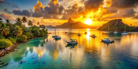 Fototapeta premium French Polynesia Lagoon Sunset: Sailboats Anchored Near Island Shore, Calm Tropical Paradise