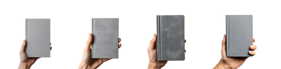 Several books held by hands in various shades of grey and beige. isolated on transparent background