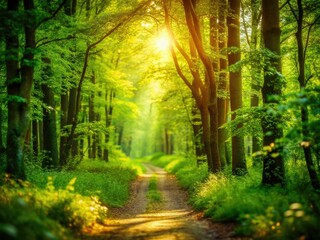 Sun Dappled Forest Path, Lush Green Canopy, Bokeh Photography, Nature Walk, Tranquil Scene, Woodland Trail