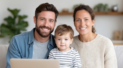 Fototapeta premium Joyful family portrait with dad, mom, and toddler at home, smiling together, cozy living room setting, happy moments captured, warmth and love