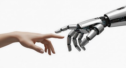 Human hand reaching for robot hand isolated on white background concept of artificial intelligence future and evolution of technology