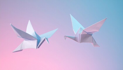 Origami bird mid-flight on gradient backdrop