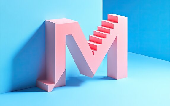 Pink 'M' shaped staircase against a blue wall
