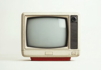 Close-up of a vintage beige television set with a rounded screen and control knob on a plain light background, evoking nostalgia and retro style