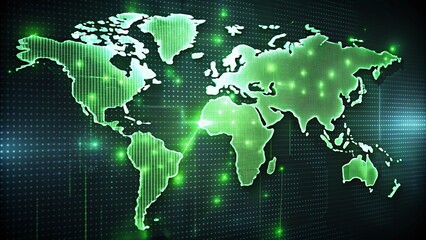 Obraz premium Futuristic Digital World Map: Glowing Matrix Code Continents & Data Streams