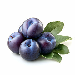 Obraz premium Fresh plums with leaves, white background, food photography, recipe websites