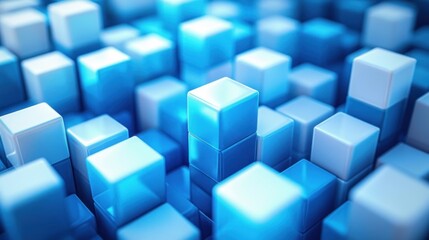 Obraz premium Abstract arrangement of glossy blue cubes with one prominent cube standing taller among others in a futuristic and vibrant setting