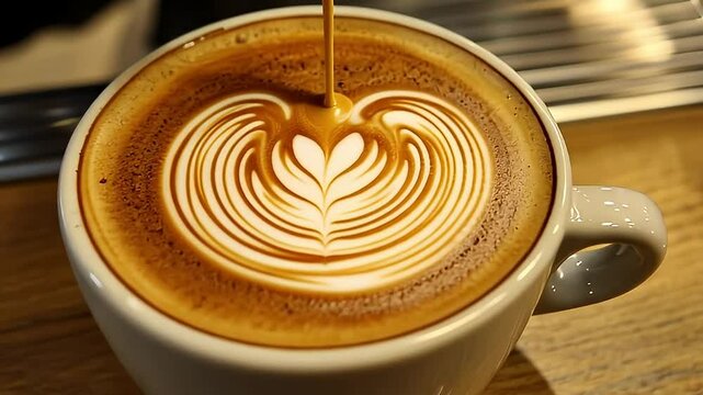 Barista pouring espresso into white cup creating latte art on wooden surface creating creamy design