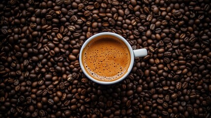 Fototapeta premium Top view of a white cup with espresso forming crema foam bubbles floating in a background of coffee beans. Aromatic beverage concept great for cafe menu backdrop.