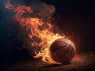 Dynamic Flaming Basketball Illustration with Intense Fire Trails on a Dark Wooden Surface.