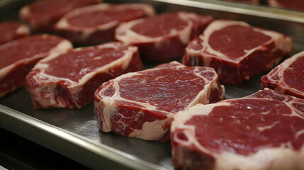 Raw steaks on tray, butcher shop. Food preparation