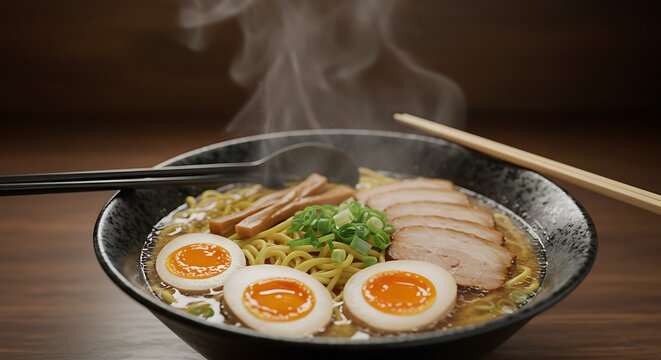 Warm bowl of ramen with sliced pork boiled eggs bamboo shoots green onions on wooden table healthy eating comfort food delicious