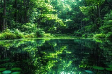 Obraz premium Serene forest scene with lush green foliage reflected in calm pond water under soft sunlight