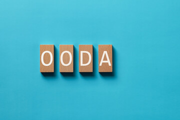 There is wood block with the word OODA. It is an abbreviation for Observe, Orient, Decide, Act as...