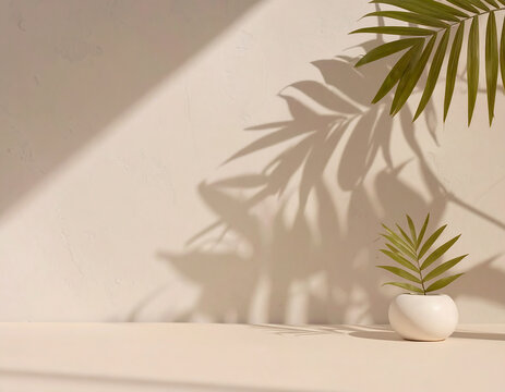 Fototapeta Tropical Zen: Palm leaves cast shadows on a neutral backdrop, a serene botanical still life on a minimalist setting.