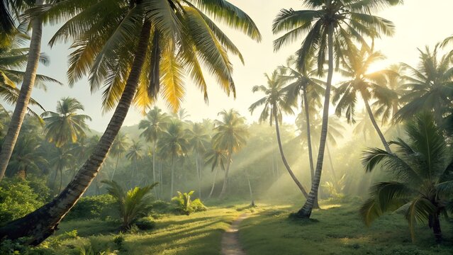 Serene Tropical Jungle Path with Tall Palm Trees and Sunlight Streaming Through a Lush Green Canopy.
