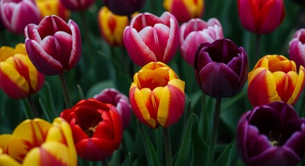 Obraz premium Vibrant tulip garden featuring red, yellow, pink, and purple blo