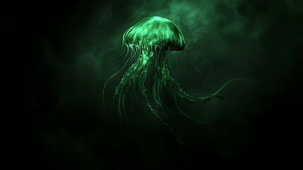 Luminous green jellyfish in dark aquatic environment