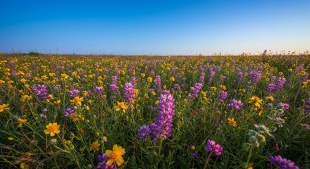Obraz premium Vibrant wildflower meadow with golden coreopsis and purple lupin