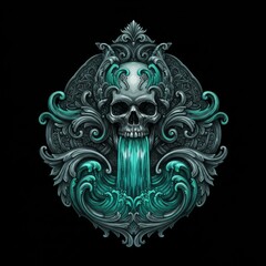 Ornate Skull Effigy: Teal Waters Cascade from Grim Visage