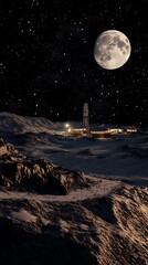 Lunar base under moonlight and celestial starfield