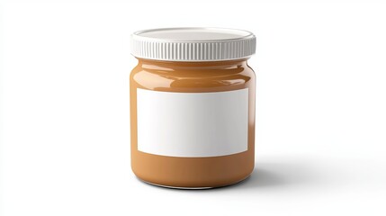 A jar of peanut butter with a white lid and a blank label on a white surface in a studio setting